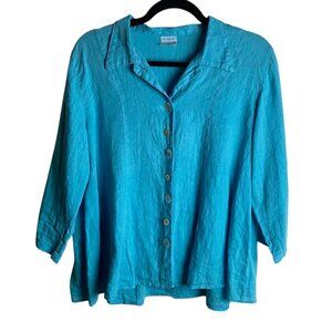 CMC Color Me Cotton Size Small Blue Linen Button Down Blouse Lagen Look Artsy